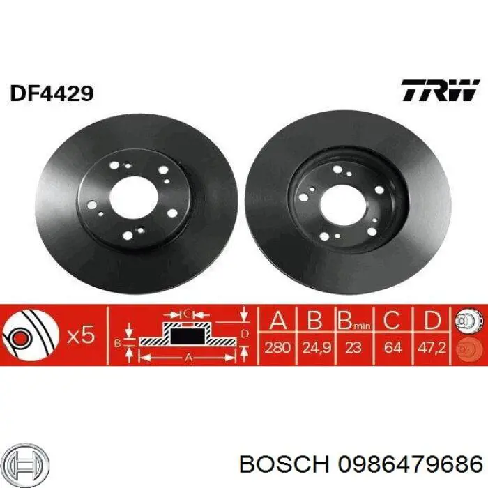 Передние тормозные диски 0986479686 Bosch