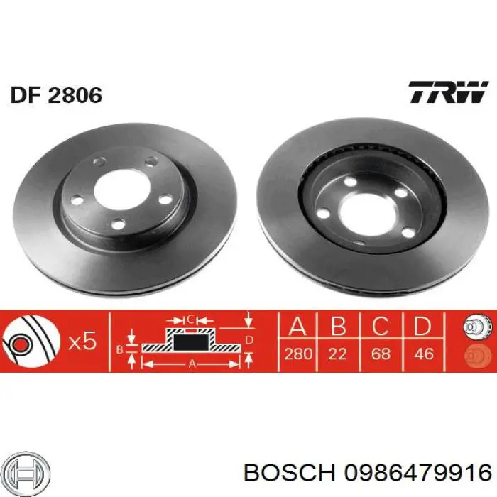 Передние тормозные диски 0986479916 Bosch