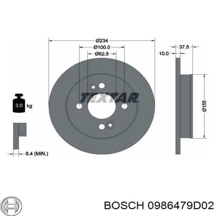 Disco de freno trasero 0986479D02 Bosch