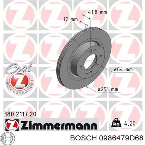 Передние тормозные диски 0986479D68 Bosch