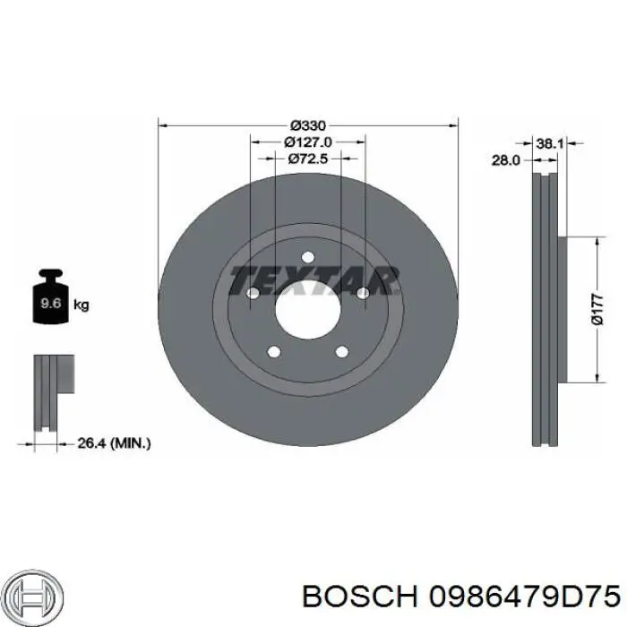Freno de disco delantero 0986479D75 Bosch