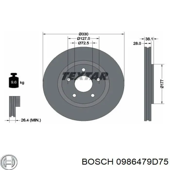 Диск гальмівний передній 0986479D75 Bosch