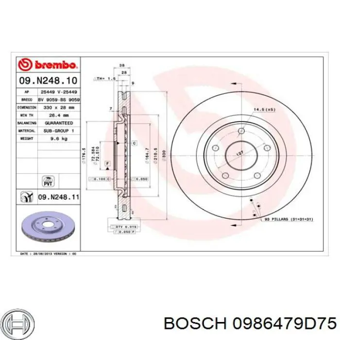 Передний тормозной диск Bosch 0986479D75