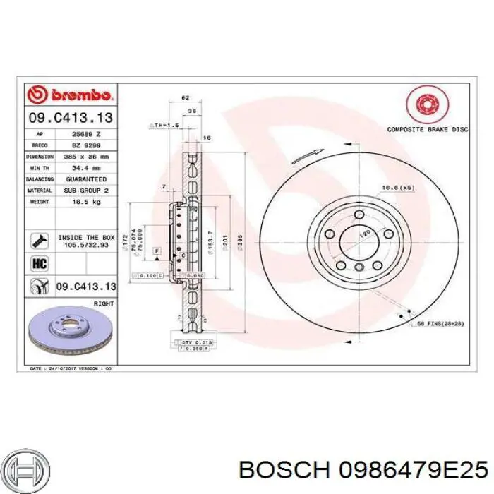 Передние тормозные диски 0986479E25 Bosch