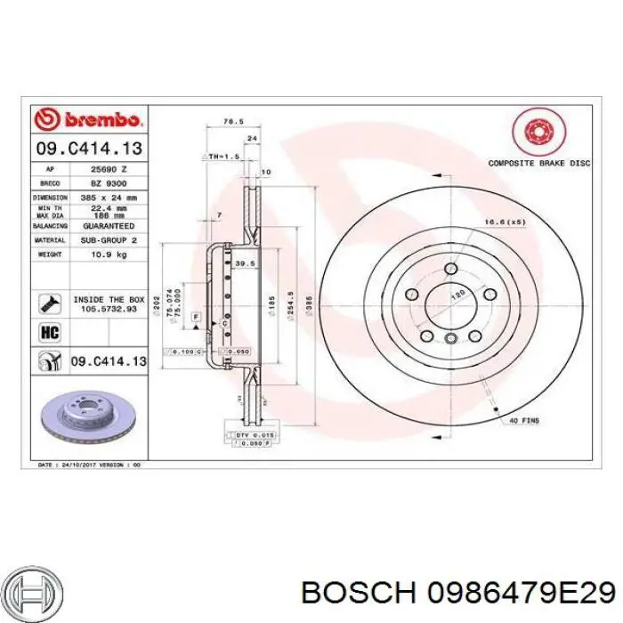 Disco de freno trasero 0986479E29 Bosch