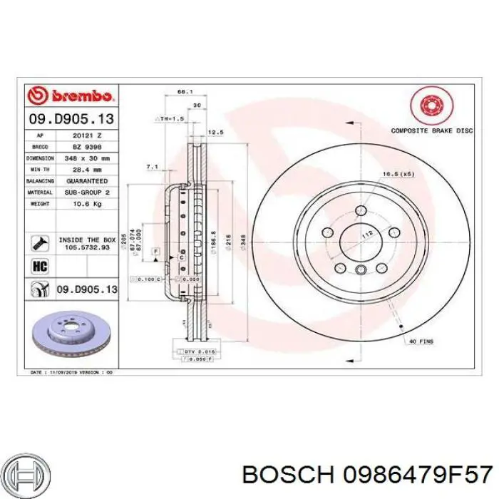 Freno de disco delantero 0986479F57 Bosch