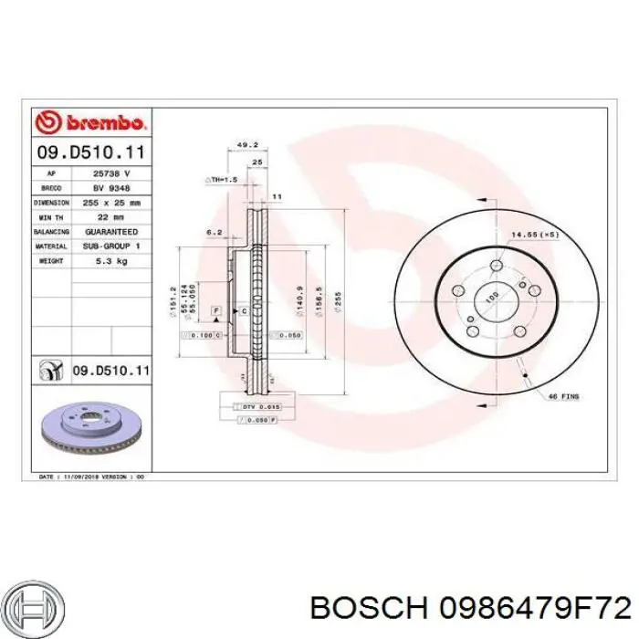 0986479F72 Bosch disco do freio dianteiro