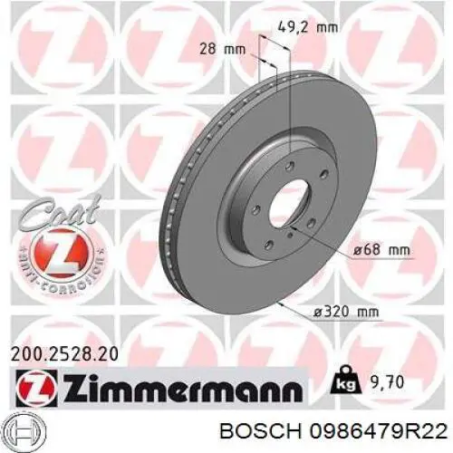Передние тормозные диски 0986479R22 Bosch
