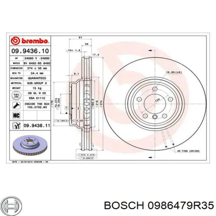 Тормоз дисковый передний Bosch 0986479R35 цена, от 51.37 USD