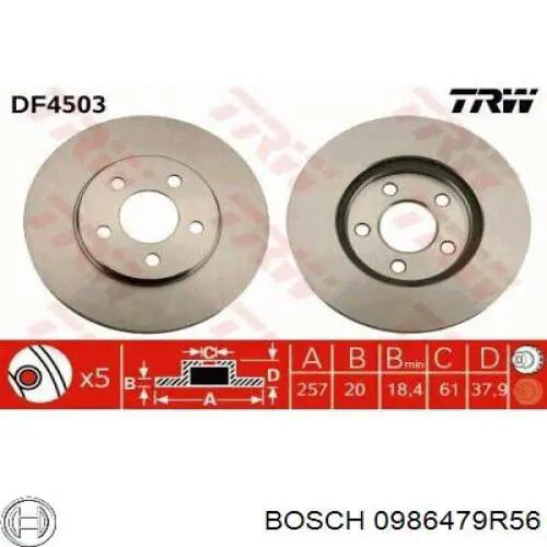 Freno de disco delantero 0986479R56 Bosch