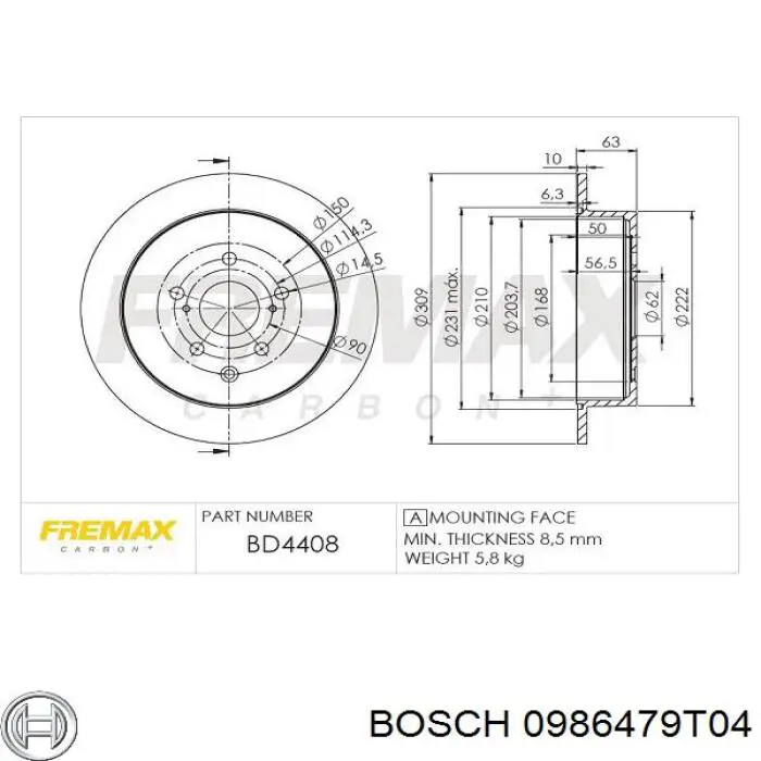 Задний тормозной диск Bosch 0986479T04 цена, от 51.95 USD