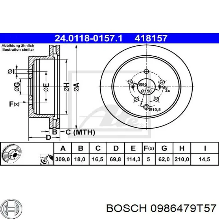 Disco de freno trasero 0986479T57 Bosch