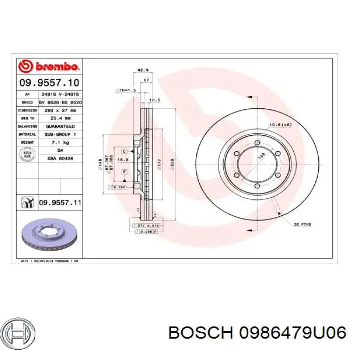 0986479U06 Bosch Диск тормозной передний