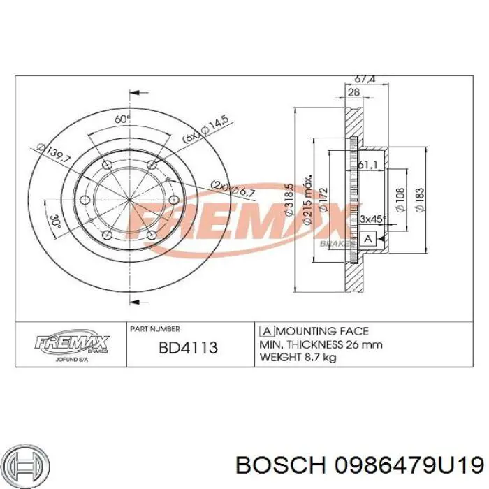 Freno de disco delantero 0986479U19 Bosch
