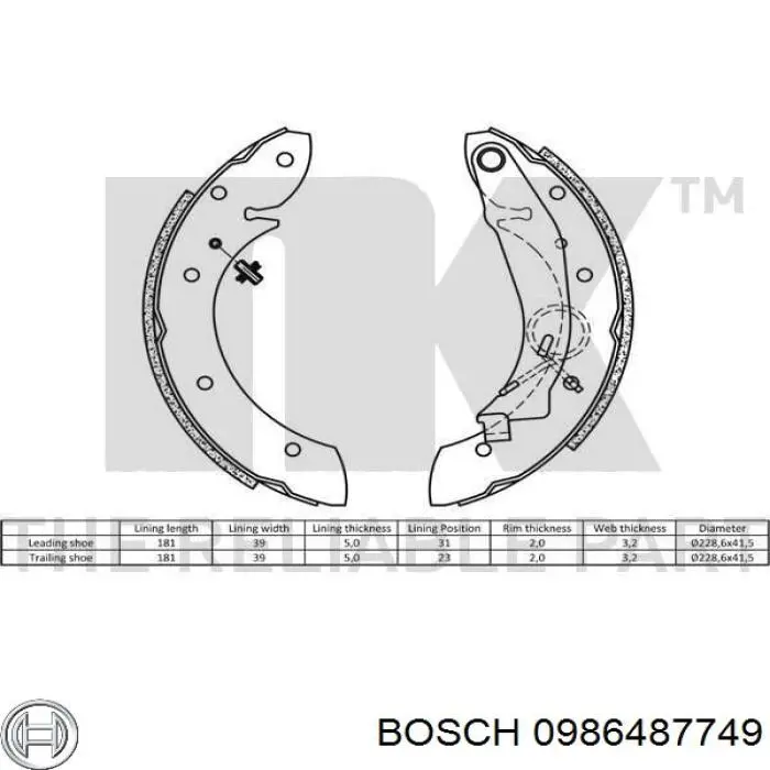 Купить 0986487749 Bosch Задние барабанные тормозные колодки