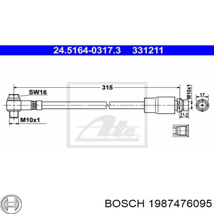 Купить 1987476095 Bosch Задний тормозной шланг