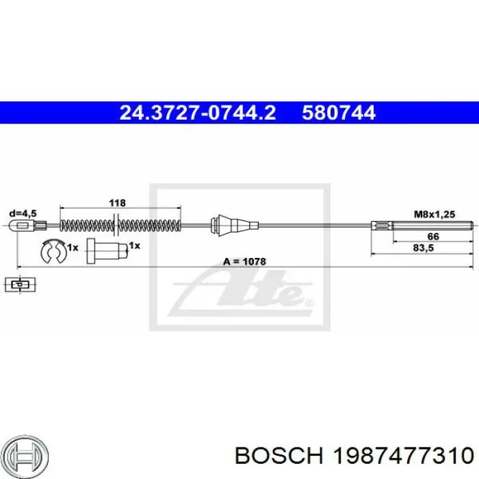 Трос стояночного тормоза задний правый Bosch 1987477310 цена, от 3.54 USD