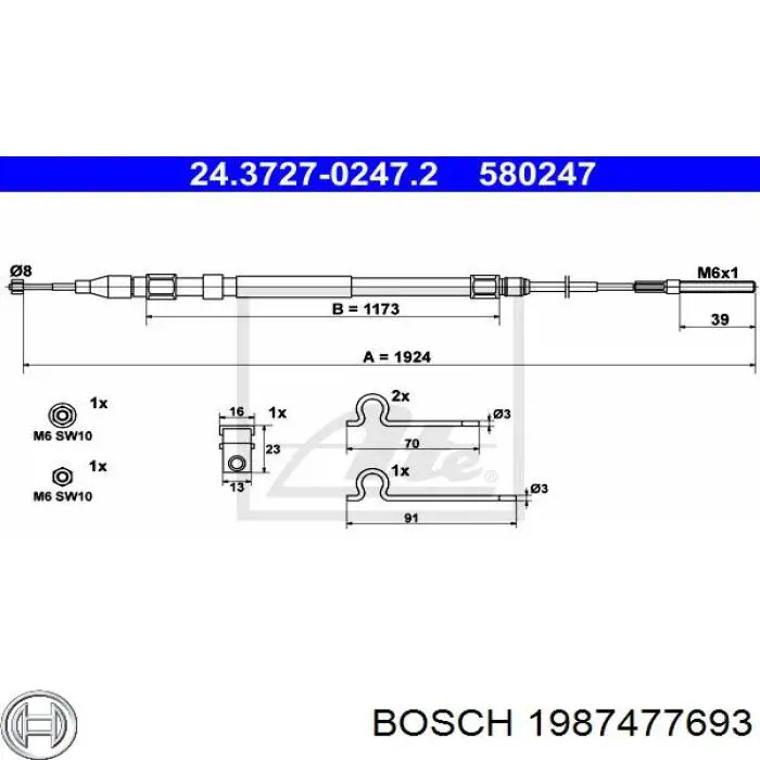 Cable de freno de mano trasero izquierdo 1987477693 Bosch