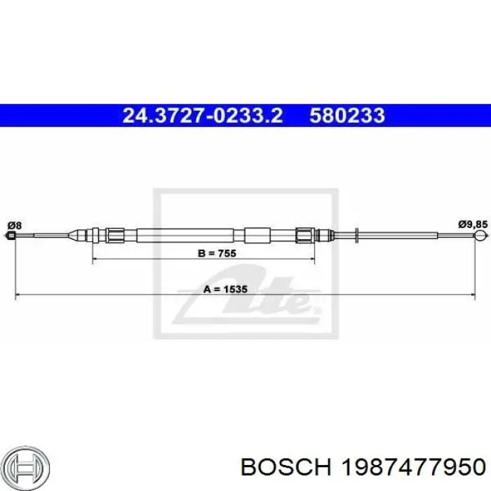 Трос ручного тормоза задний, правый/левый Bosch 1987477950
