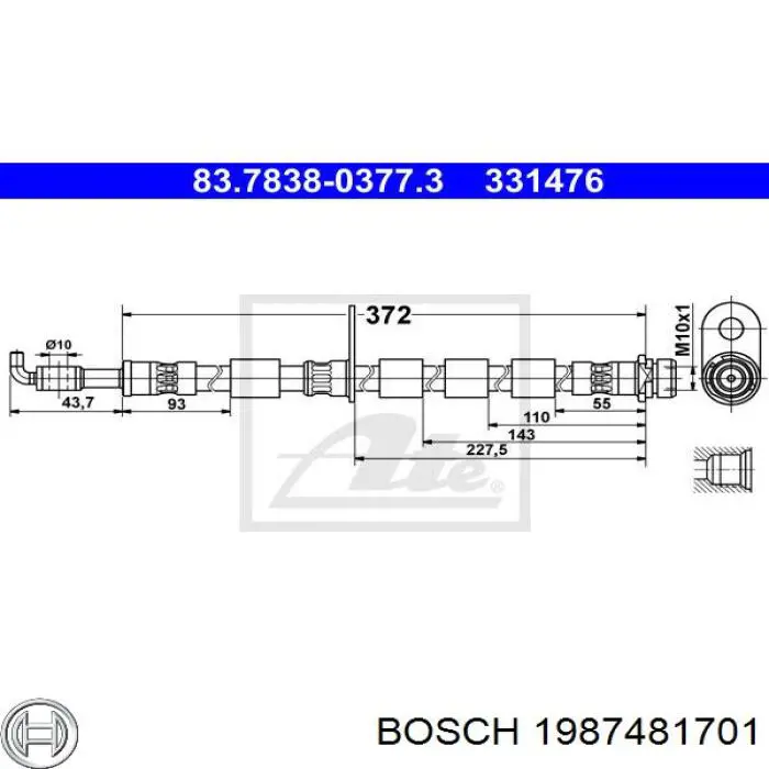 1 987 481 701 Bosch шланг тормозной передний левый