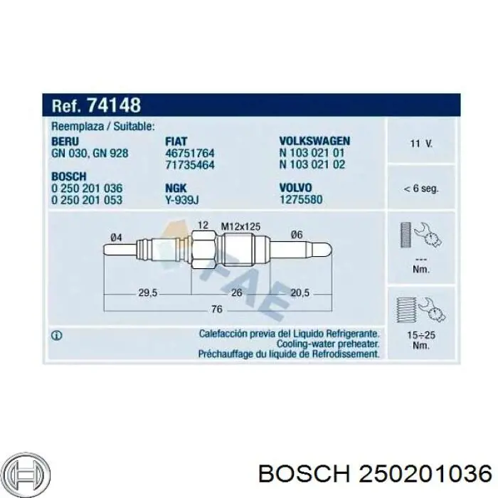 Свечи накала Bosch 250201036 цена, от 5.94 USD