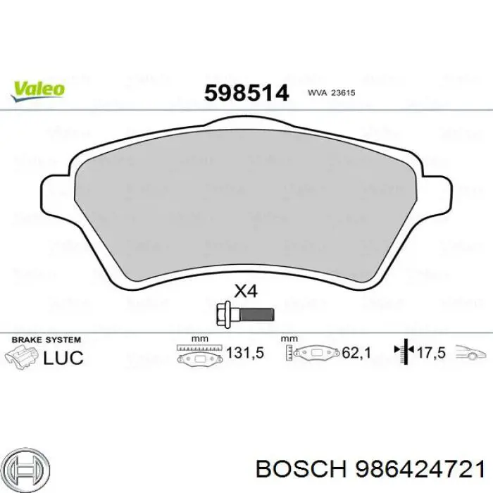986424721 Bosch колодки тормозные передние дисковые