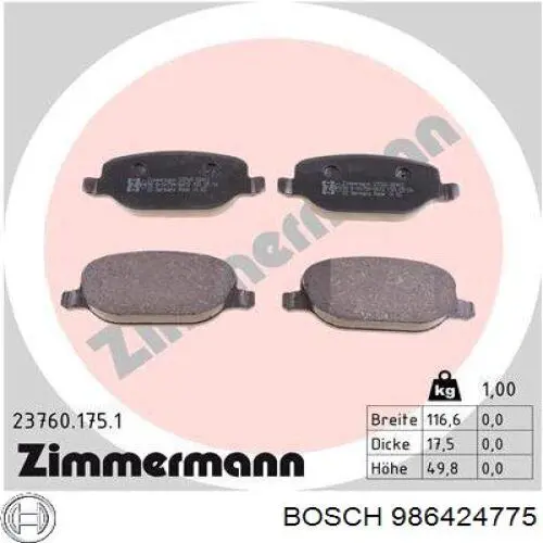 Купить 986424775 Bosch Колодки тормозные задние, дисковые