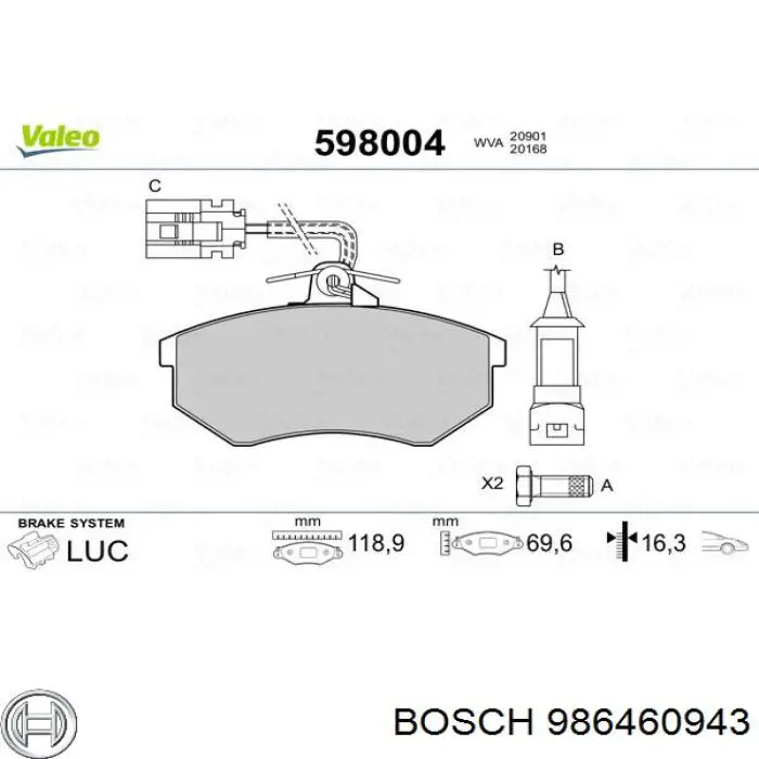 986460943 Bosch Колодки передние