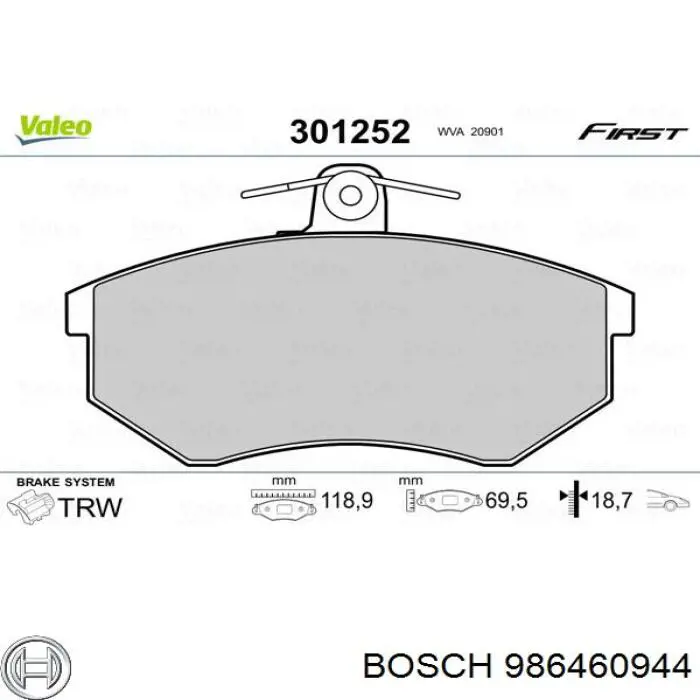 Передние тормозные колодки 986460944 Bosch