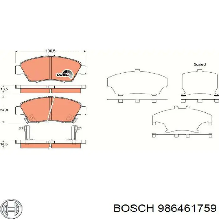 Передние тормозные колодки 986461759 Bosch