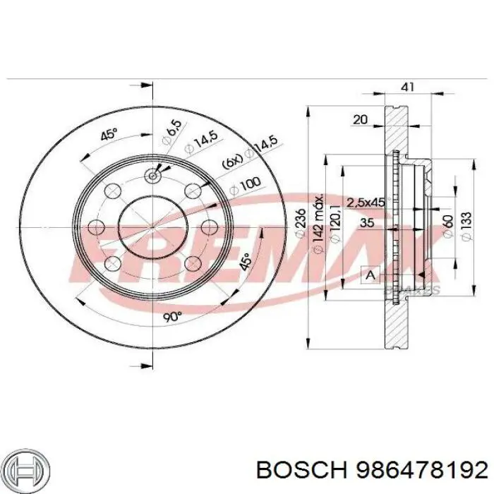 Тормоз дисковый передний Bosch 986478192 цена, от 23.59 USD
