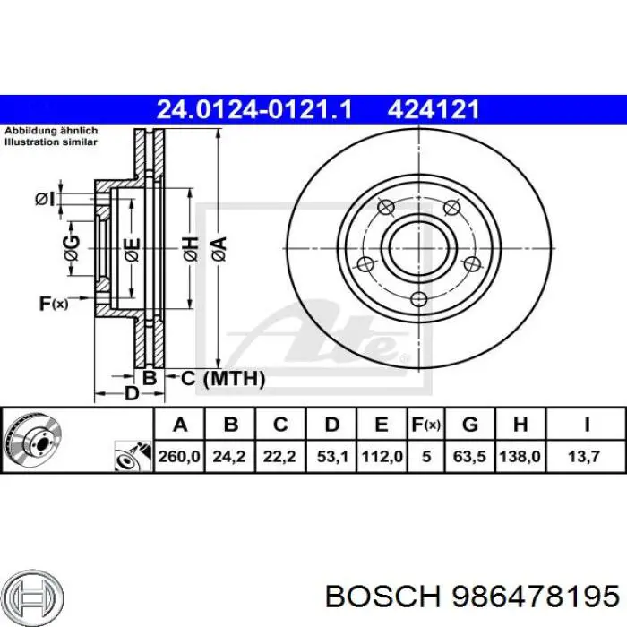 Тормоз дисковый передний Bosch 986478195 цена, от 35.06 USD