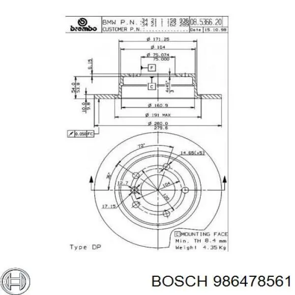 Купить 986478561 Bosch Диск тормозной задний