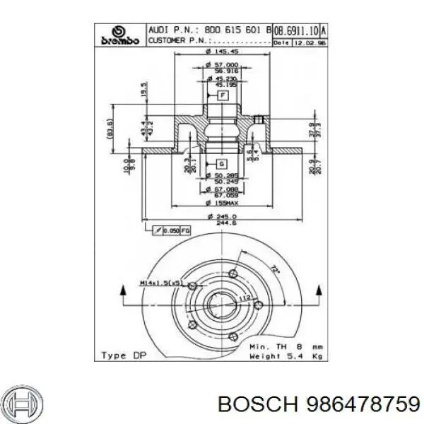 Тормозные диски 986478759 Bosch