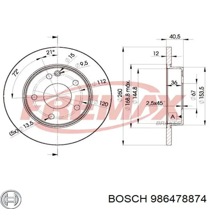 Тормоз дисковый передний Bosch 986478874 цена, от 28.75 USD
