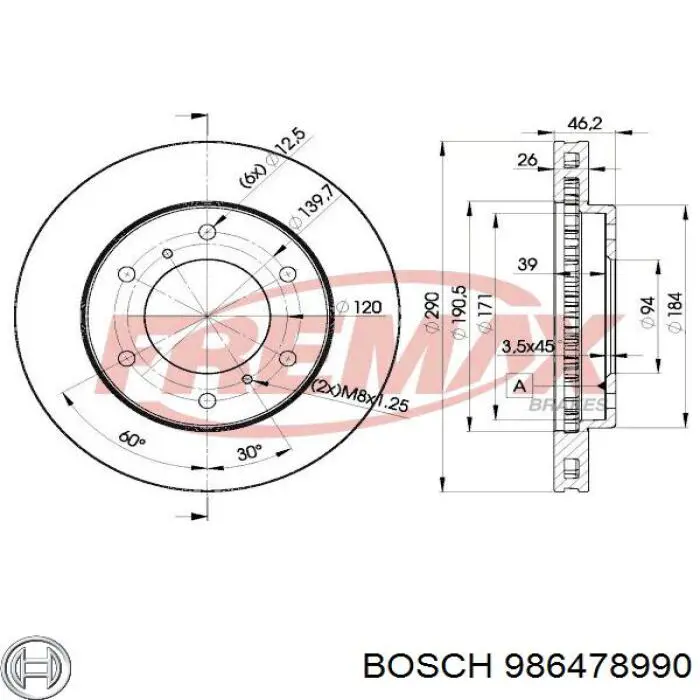 Тормоз дисковый передний Bosch 986478990 цена, от 29.73 USD