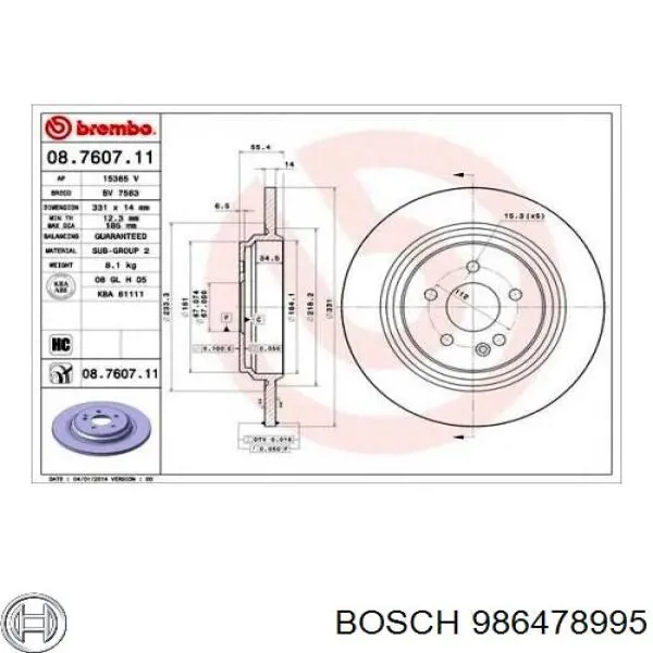 986478995 Bosch Дисковый тормоз