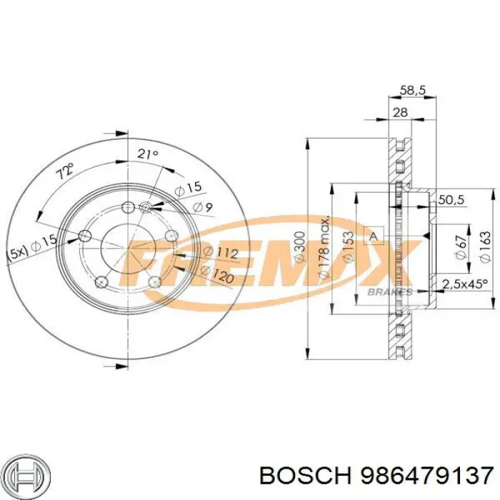 Тормоз дисковый передний Bosch 986479137 цена, от 53.78 USD