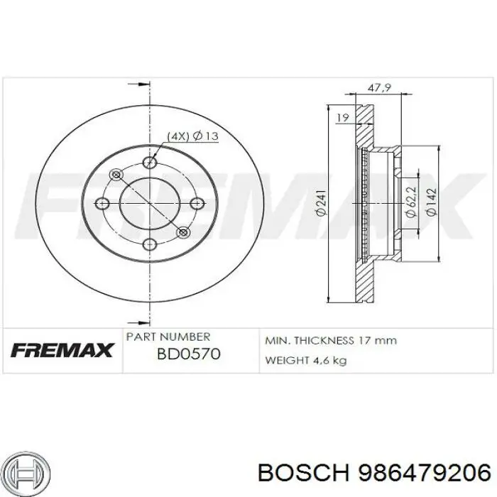Тормоз дисковый передний Bosch 986479206 цена, от 29.36 USD