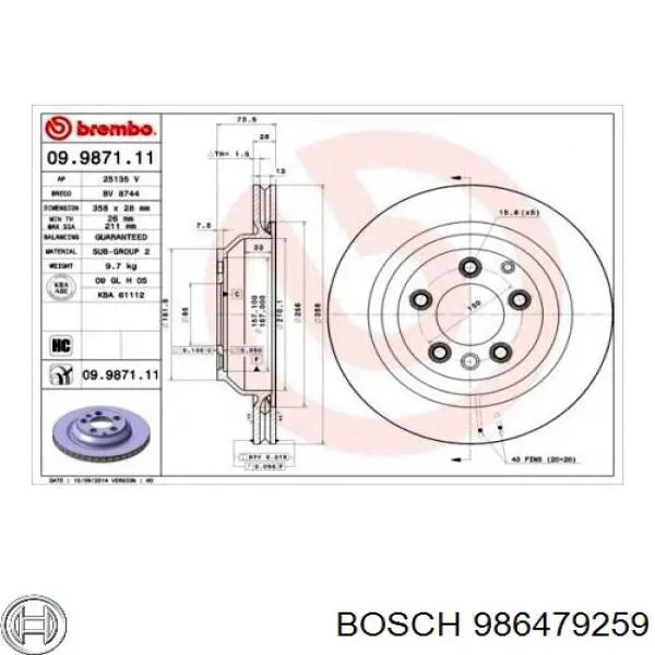 Купить 986479259 Bosch Диск тормозной задний