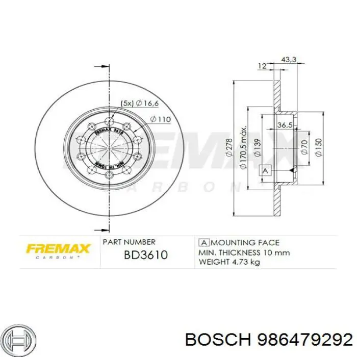 Disco de freno trasero 986479292 Bosch