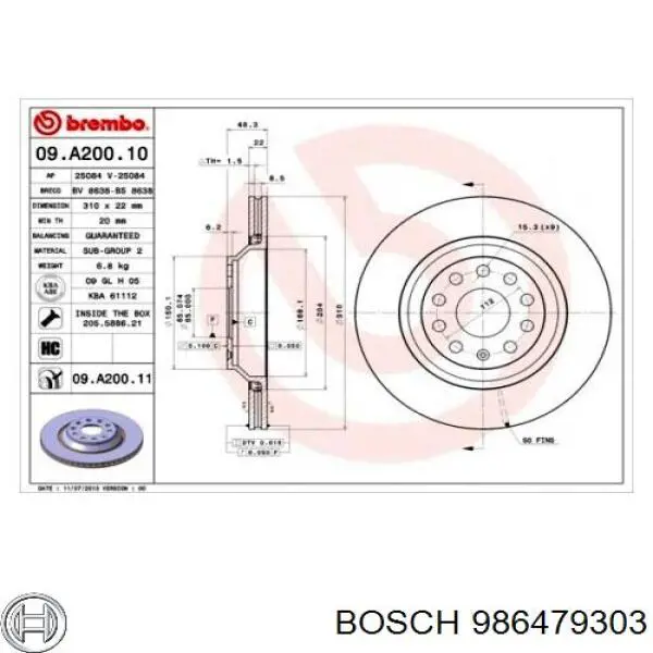 Купить 986479303 Bosch Диск тормозной задний