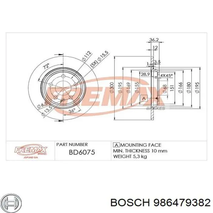 Купить 986479382 Bosch Диск тормозной задний