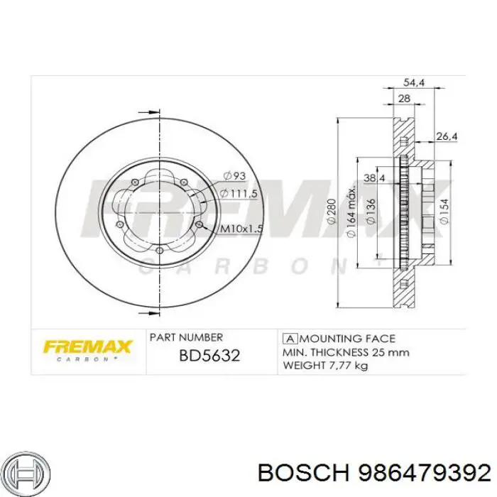 Тормоз дисковый передний Bosch 986479392 цена, от 47.50 USD