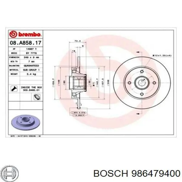 Тормозные диски 986479400 Bosch