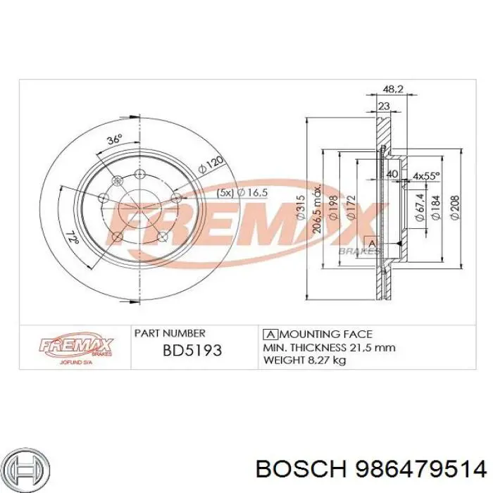 Тормозные диски 986479514 Bosch