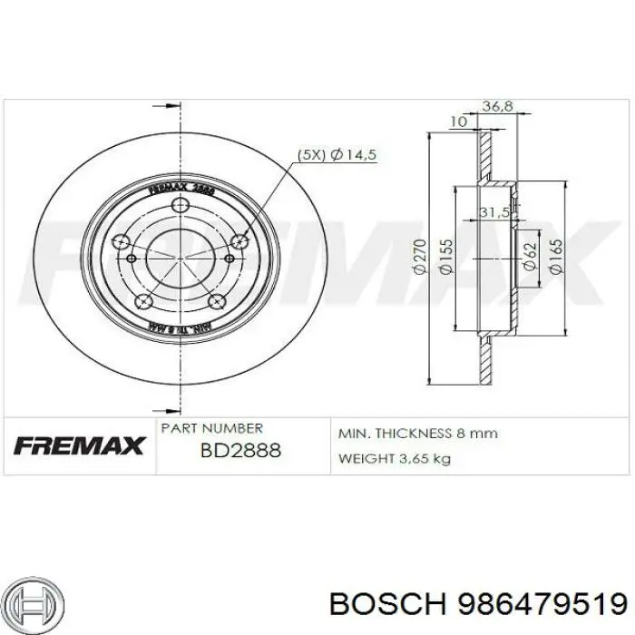Disco de freno trasero 986479519 Bosch
