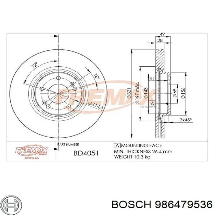 Тормоз дисковый передний Bosch 986479536 цена, от 61.18 USD