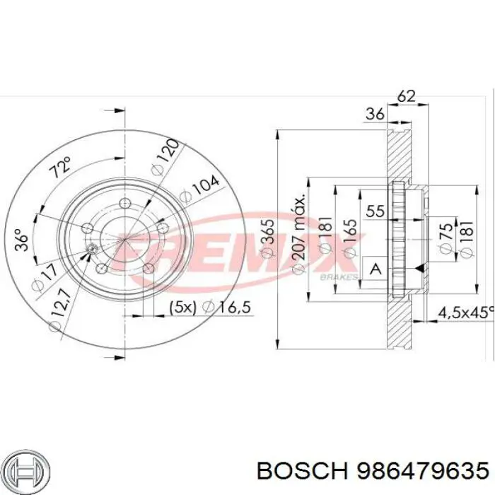 986479635 Bosch диск тормозной передний