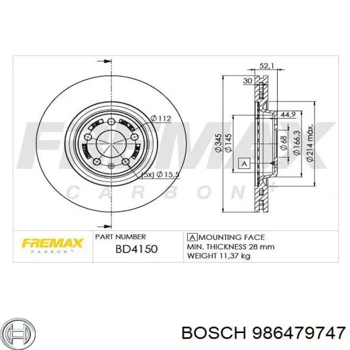 Тормоз дисковый передний Bosch 986479747 цена, от 86.08 USD